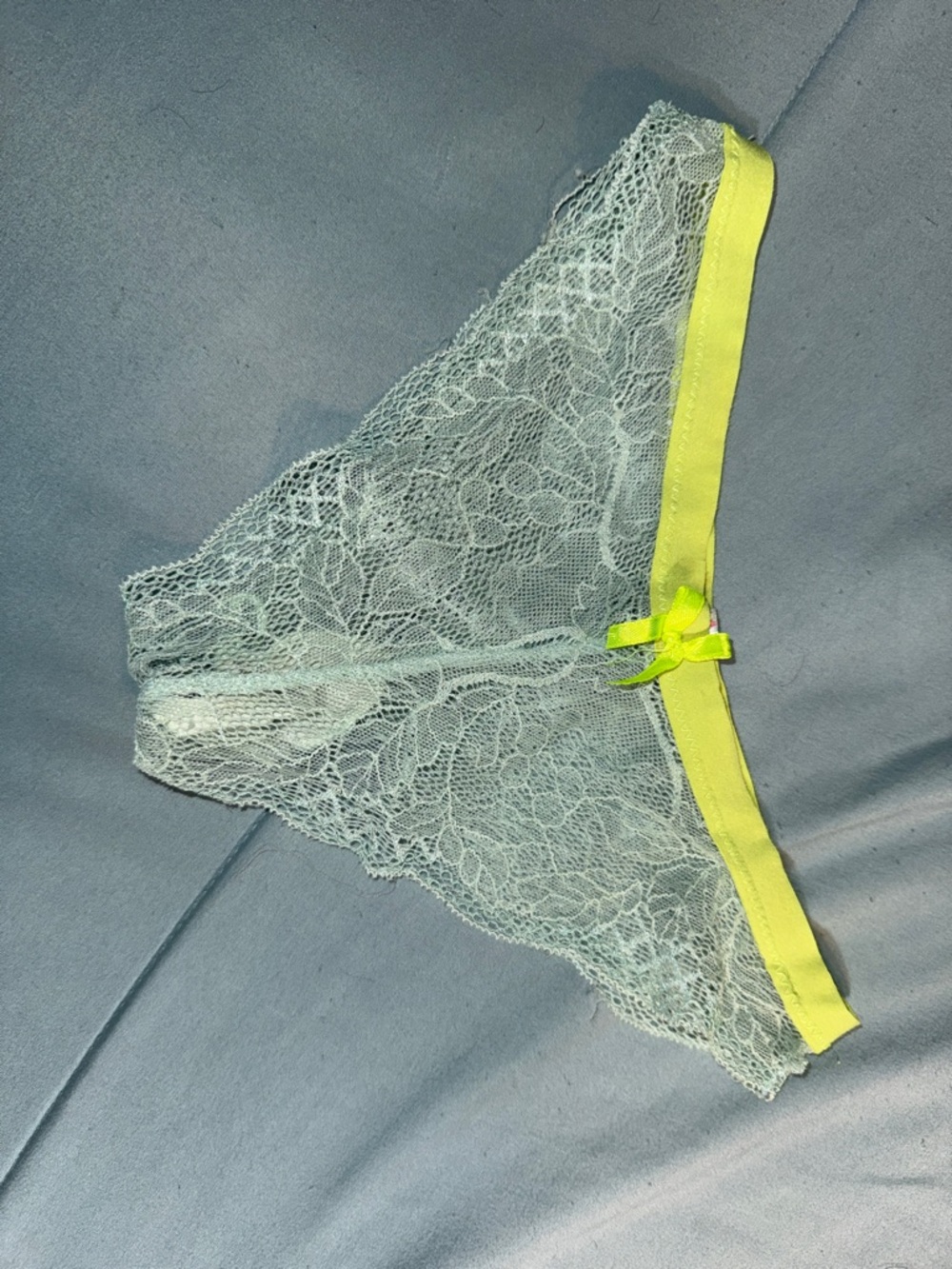 Sheer Lace Bikini Panty with Neon Yellow Trim - Light Aqua